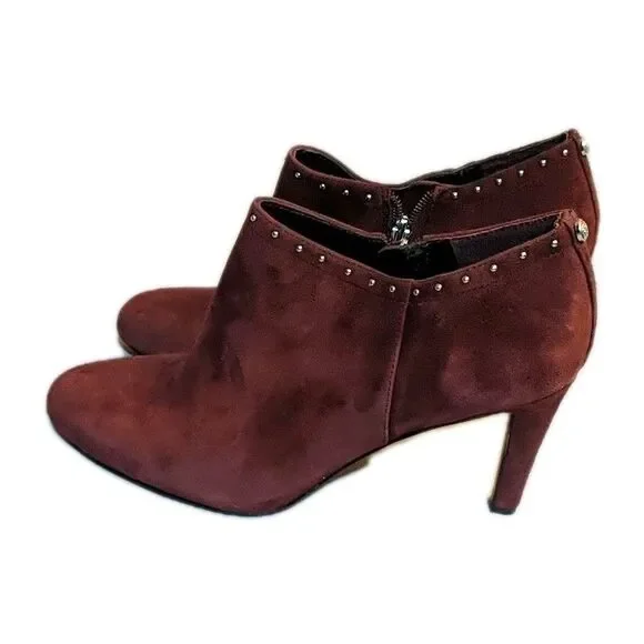Vince Camuto Channa Ankle Heels Leather Suede Studded Zip Booties 9.5 M Burgundy - Picture 1 of 14